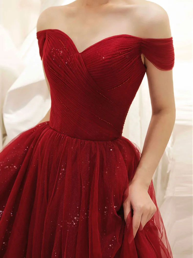 Burgundy Sweetheart Tulle Sequin Long Prom Dress, Formal Burgundy Graduation Dresses
