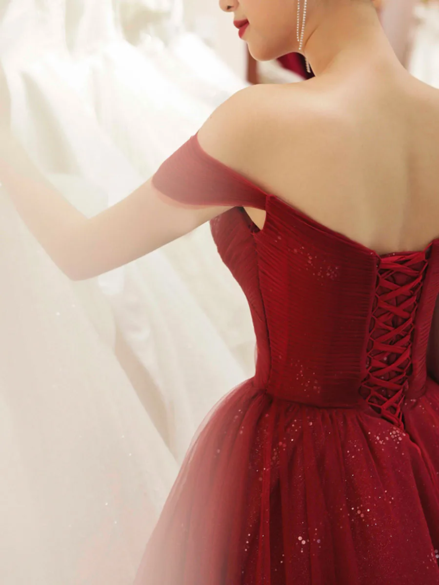 Burgundy Sweetheart Tulle Sequin Long Prom Dress, Formal Burgundy Graduation Dresses