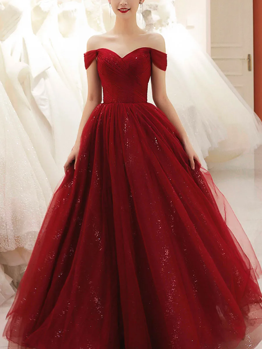 Burgundy Sweetheart Tulle Sequin Long Prom Dress, Formal Burgundy Graduation Dresses
