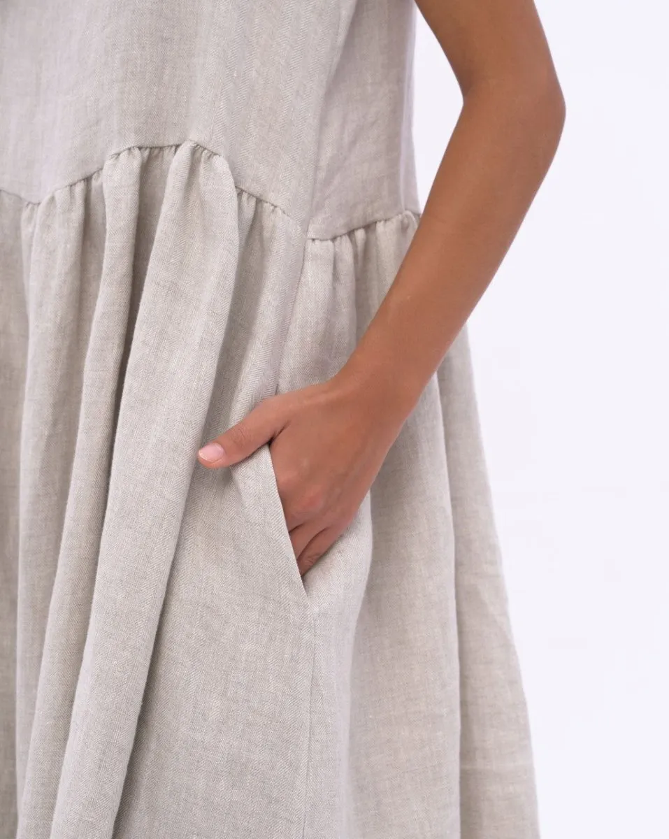 Linen Tiered Waist V-neck Dess