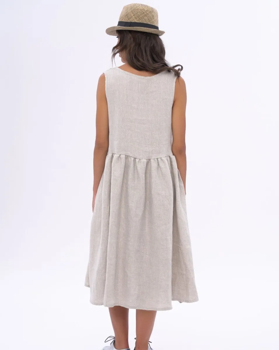 Linen Tiered Waist V-neck Dess