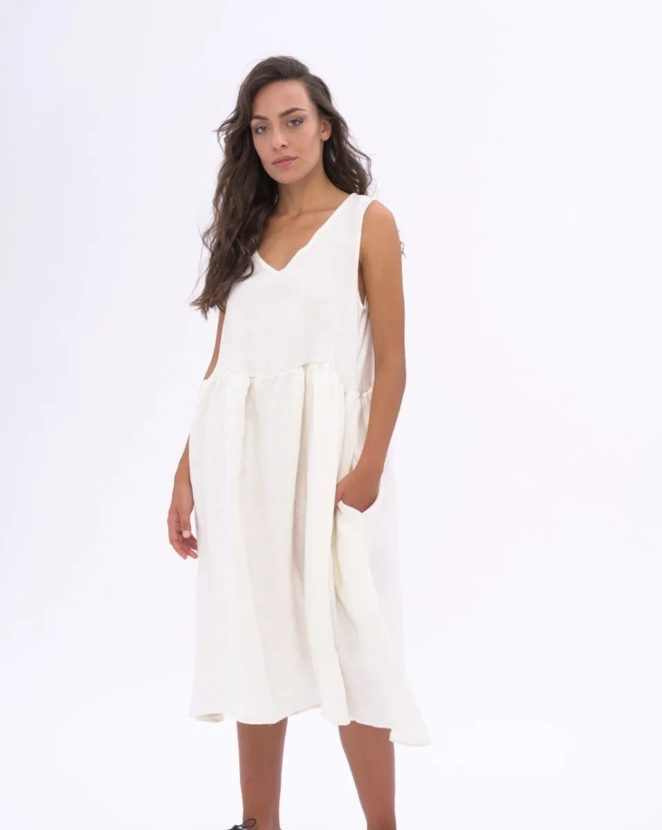 Linen Tiered Waist V-neck Dess