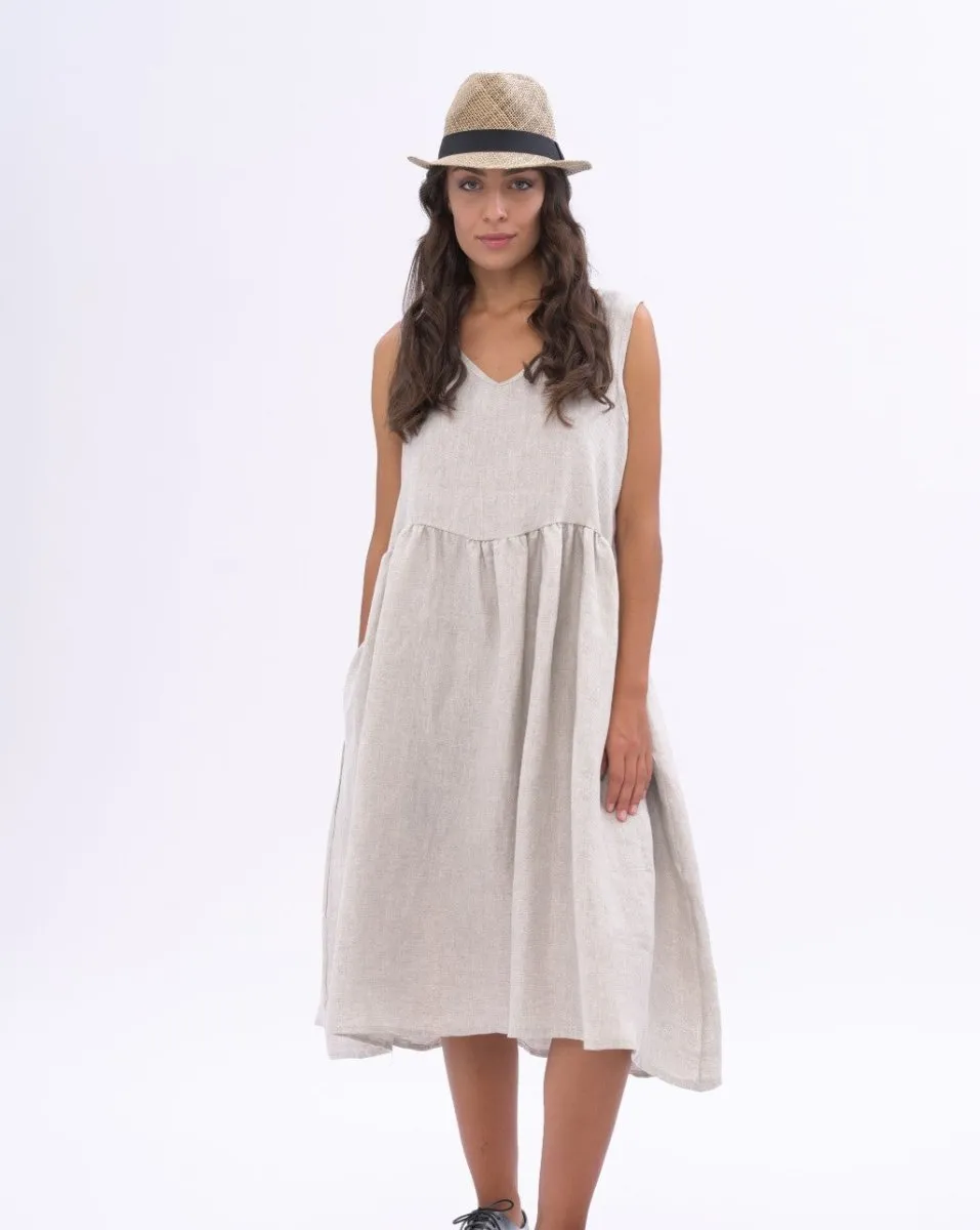 Linen Tiered Waist V-neck Dess